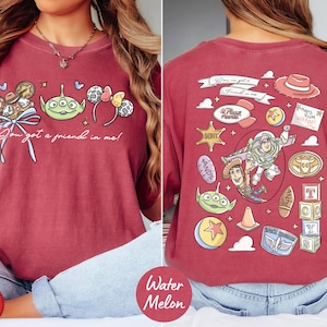 The image is a collage of two photos featuring a woman wearing a red t-shirt with various cartoon characters and designs.