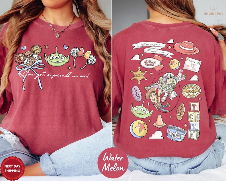 The image is a collage of two photos featuring a woman wearing a red t-shirt with various cartoon characters and designs.