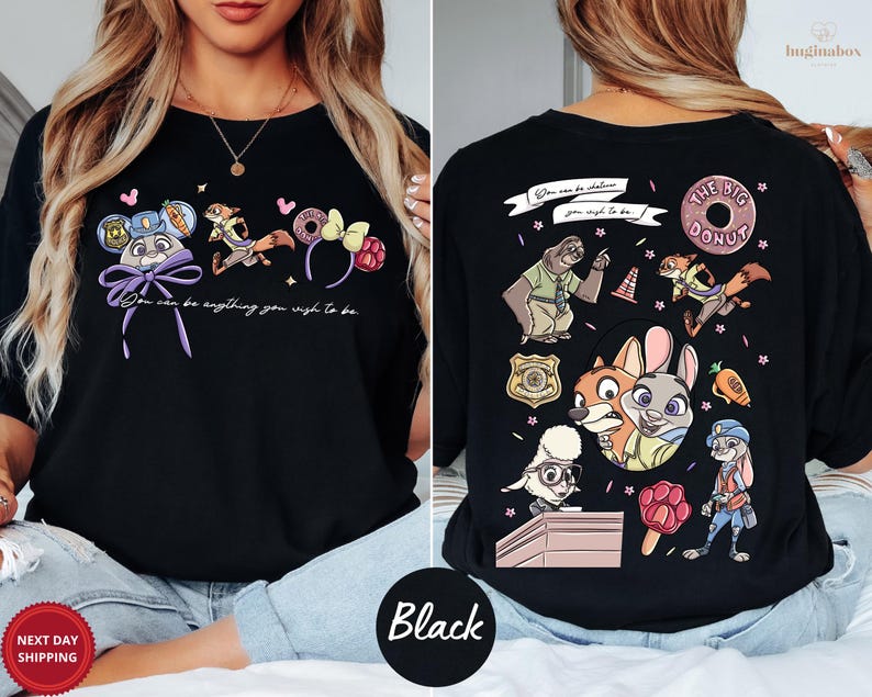 The image is a collage of two photos featuring a woman wearing a black t-shirt with a cartoon character design. The woman is posing with the t-shirt, which has a colorful and playful design featuring various cartoon characters and elements.