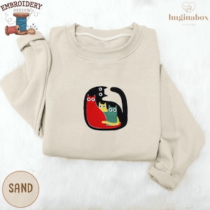 Cute Funny Colorful Cats Embroidered Sweatshirt, Rainbow Kitty Crewneck, Cat Mom Gift, Cozy Feline Sweater, Whimsical Pet Lover Top