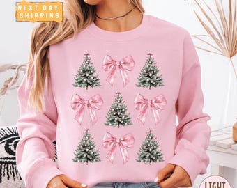 Pink Christmas Tree and Bow Sweatshirt, Watercolor Ornaments Pullover with Festive Pattern – Cute Pastel Holiday Aesthetic Winter Sweater