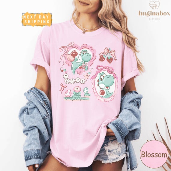 Coquette Bow Yoshi Comfort Colors Shirt, Strawberry Girl Trip Tee, Cute Yoshi Coquette Shirt, Aesthetic Mario Womens Graphic Shirt