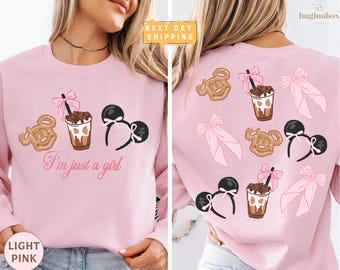 I'm Just a Girl Magical Sweatshirt, Watercolor Cake Two Sided Crewneck with Pink Coquette Bow Coffee , Magic Park Girly Pullover