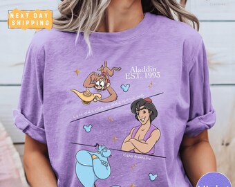 Camiseta vintage de Aladdin Comfort Colors, camiseta de vacaciones de Disney con el Genio, Abu y Jazmín.