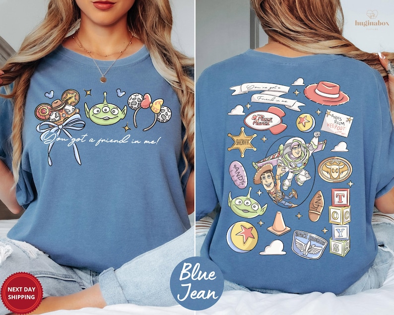 The image is a collage of two photos featuring a woman wearing a blue t-shirt with various cartoon characters and illustrations on the back.