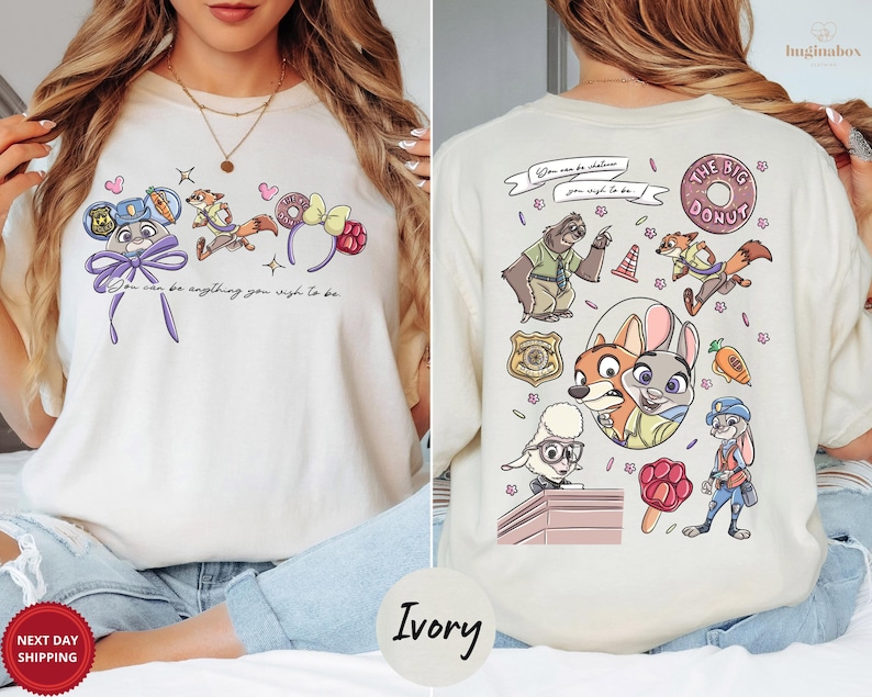 The image is a collage of two photos featuring a woman wearing a white t-shirt with a cartoon character design. The woman is sitting on a bed, and the t-shirt has a colorful and playful design with various cartoon characters and elements.