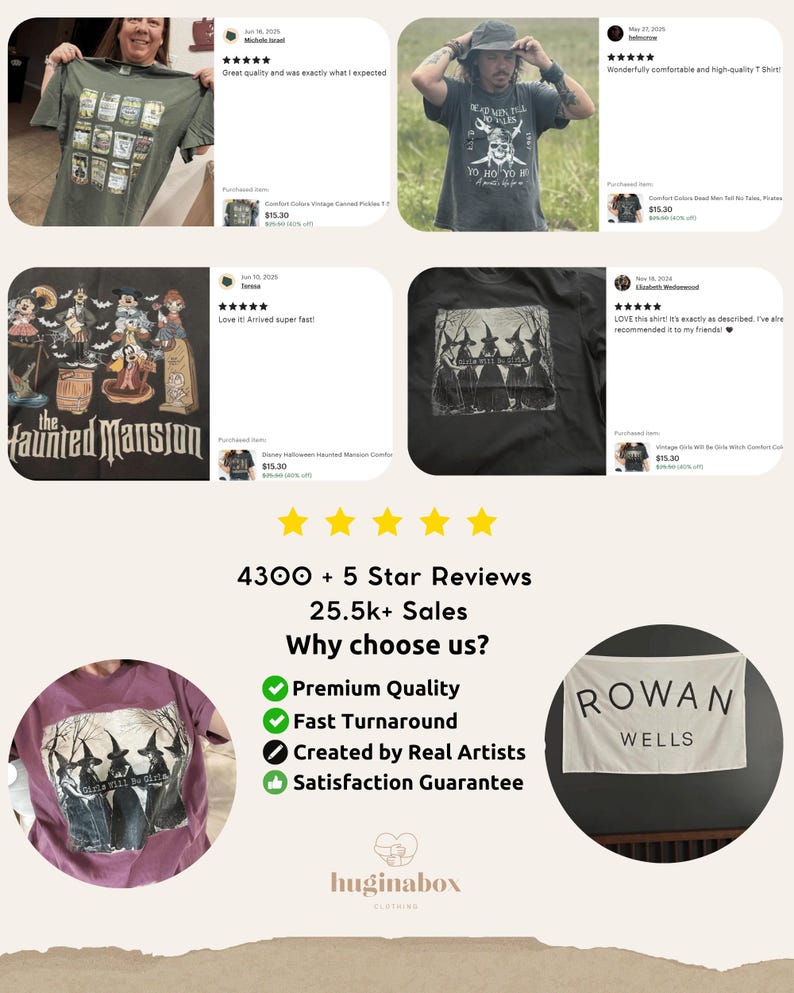 The image is a collage of five images featuring a person holding up a green t-shirt with a graphic design, a person wearing a black t-shirt with a graphic design, and two other images of t-shirts. The collage also includes text providing information about the t-shirt designs and the seller.