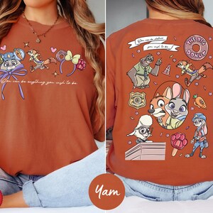 The image is a collage of two photos featuring a woman wearing a red t-shirt with a cartoon character design. The back of the t-shirt has a colorful and playful design with various cartoon characters and text.
