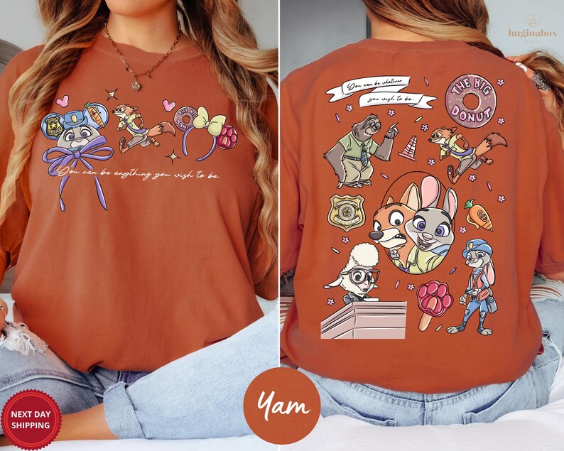 The image is a collage of two photos featuring a woman wearing a red t-shirt with a cartoon character design. The back of the t-shirt has a colorful and playful design with various cartoon characters and text.