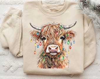 Christmas Cow Sweatshirt, Cow Lights Sweater, Cow Women Sweatshirt, Cow Lover Shirt, Christmas Sweatshirt, Highland Cow Crewneck, Farm Xmas