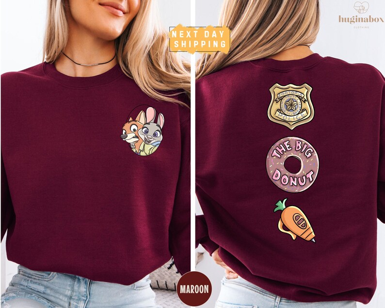 The image is a collage of two photos of a woman wearing a burgundy sweater with various cartoon and food-related designs on the back.
