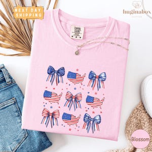 Coquette America Map Comfort Colors Shirt USA Silhouette With Bow Red White Blue 4th Of July Tee For Women Cute Patriotic Outfit Idea