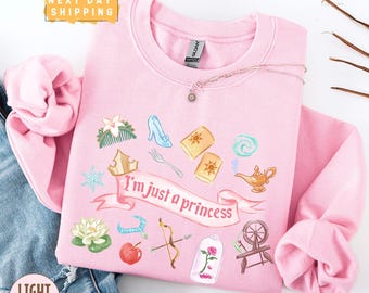 Watercolor Disney Princess Sweatshirt, Coquette I’m Just A Princess Pullover Featuring Belle Cinderella Tiana Rapunzel, WDW Girl Trip 2025