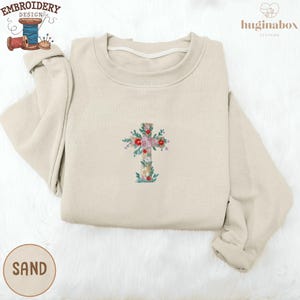 Embroidered Floral Cross Christian Sweatshirt, Faith-Based Crewneck for Women, Religious Easter Sweater, Spring Christian Gift