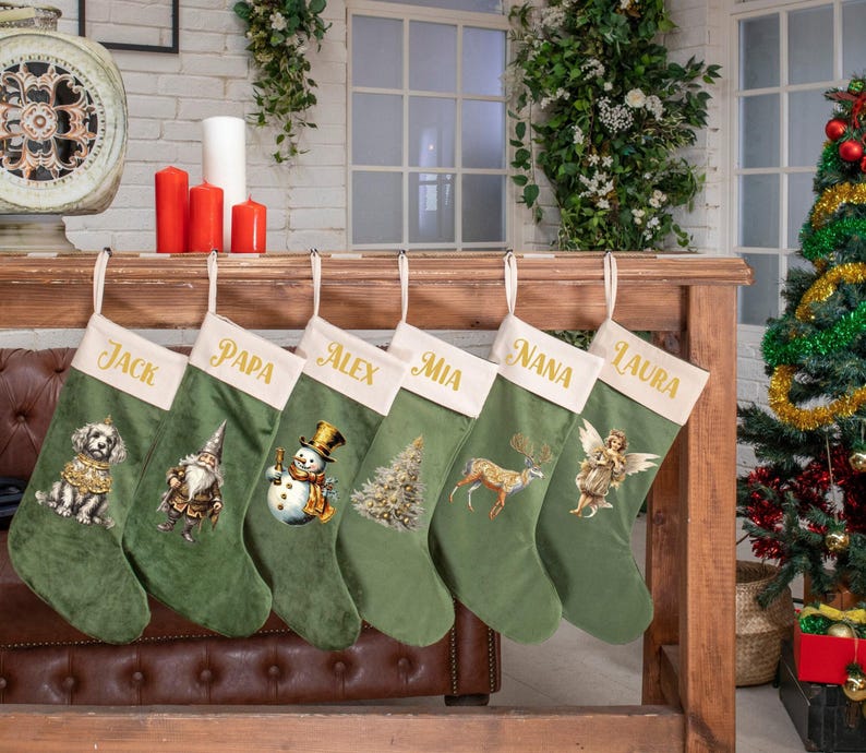 Personalized Christmas Stockings Velvet Stocking for Holiday Decoration Applique Stocking, Family Name Stocking, Christmas Gift for Family image 1