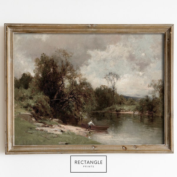 Vintage Fisherman Printable Wall Art | River Fishing Landscape | Print Yourself Artwork | Digital Downloadable | Rectangle Prints | A19