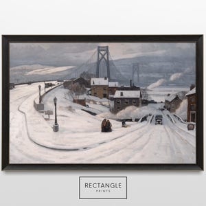 Vintage Winter Toll Bridge Art Print: Snowy Cityscape (Digital Download)