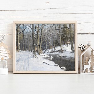Peinture vintage forêt enneigée : impression d&#39;art forêt hivernale (téléchargement numérique)