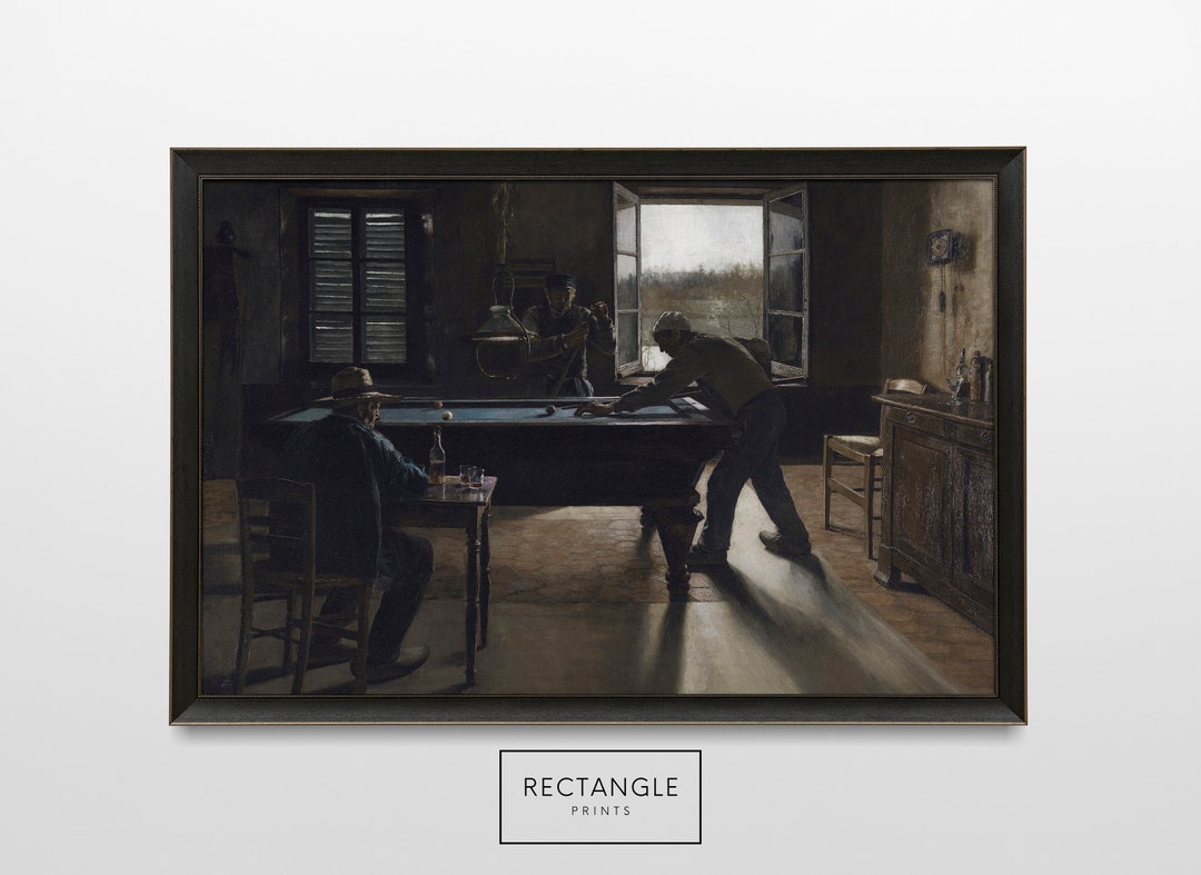 Moody Pool Hall Oil Painting Vintage Art Game Room Wall Art Pool Hall