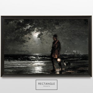 Vintage Beach Moonlight Walk Painting: Moody Nautical Art (Digital Printable)