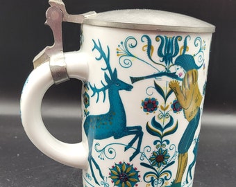 Vintage 1980's Kurt Hammer Porcelain German Stein Tankard Stag Hunting Scene Teal Green Mustard Yellow Metal Lid