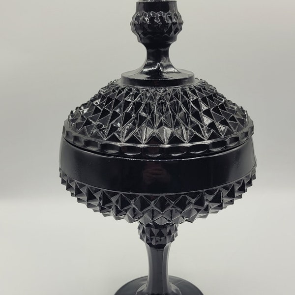 Vintage Mid Century Modern Indiana Glass Compote Tiara Black Diamond Point Round Pedestal Covered Candy Dish with Lid