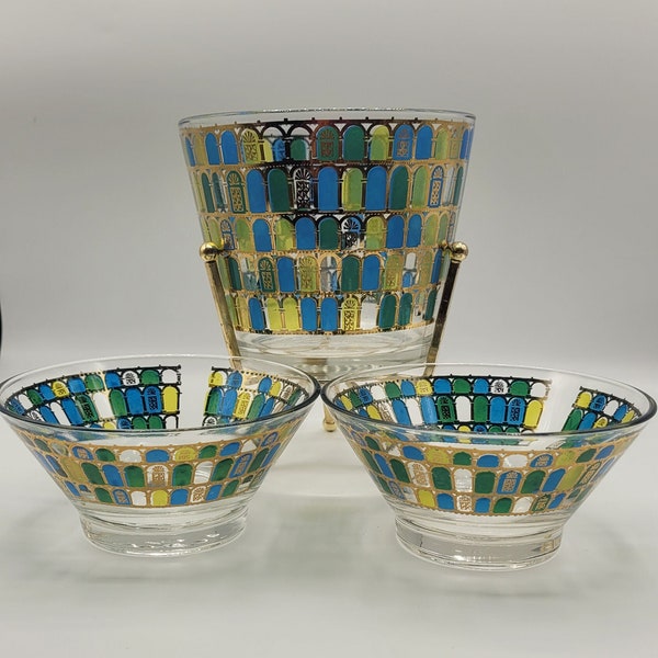 Vintage MCM Cathedral Pattern Culver Glass Company Snack Set Three Piece Ice Bucket, Brass Stand Gold, Blue, Green Stained Glass Bar Ware