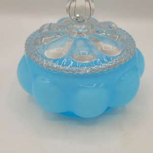 Vintage Fenton Blue Opaline Glass Melon Beaded Dresser Box Clear Lid