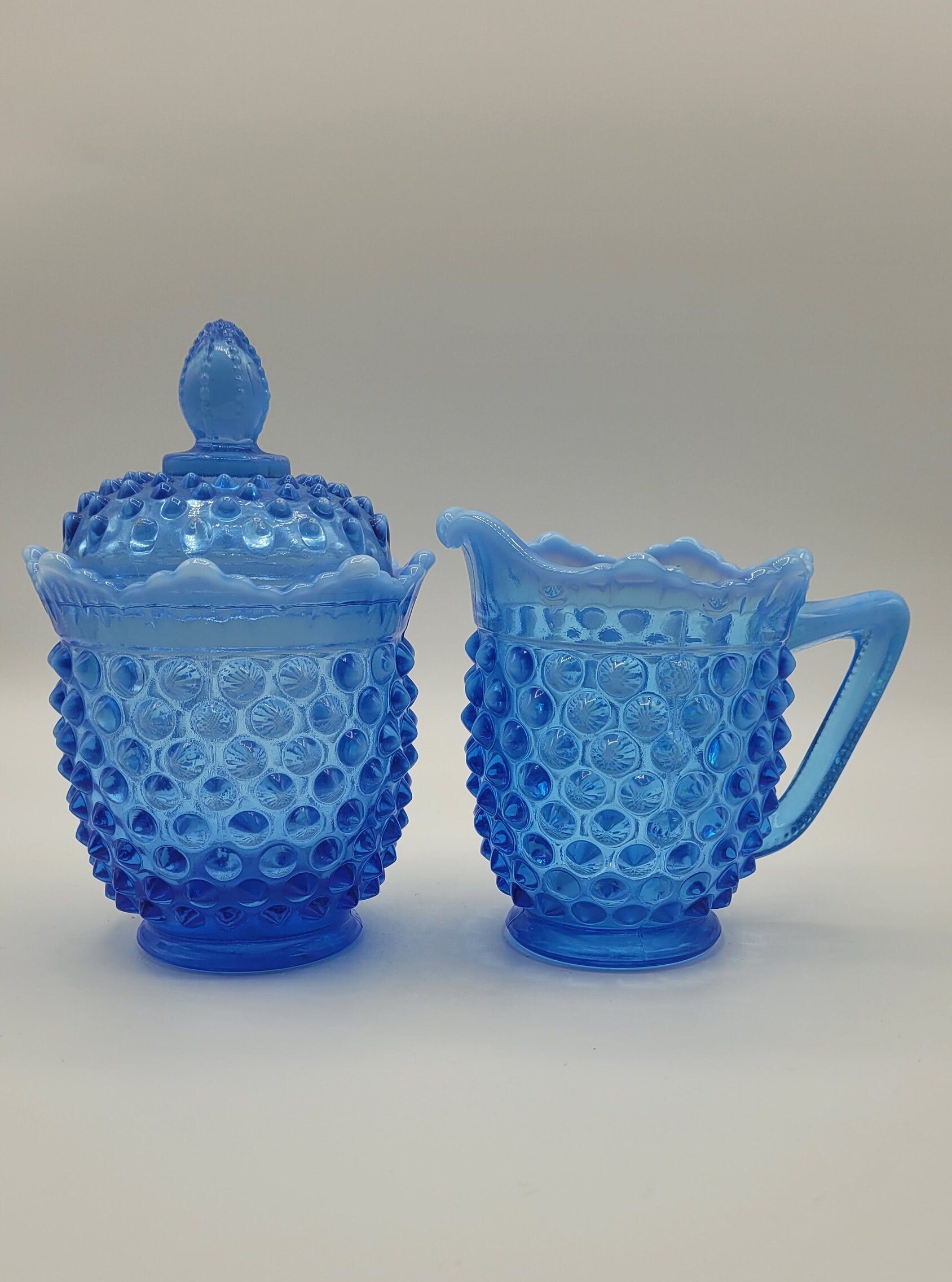 ビンテージ　フェントン　ブルーオパール シュガー＆クリーマー　デプレッション Vintage Fenton Blue Opalescent Hobnail Glass Creamer and