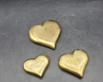 Vintage Solid Brass Heart Shaped Paperweights Decor Graduated Set of 3