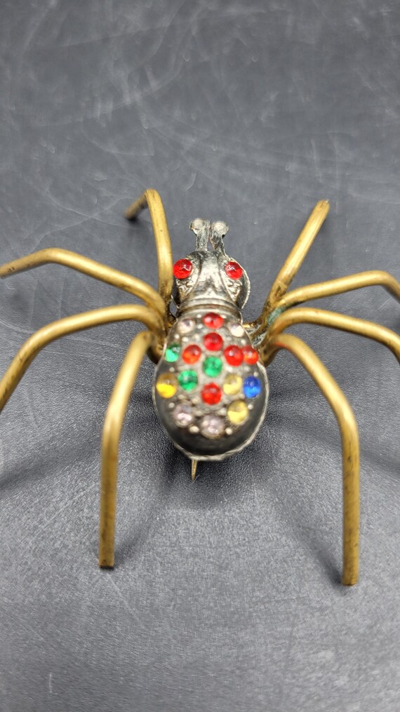Broche Vintage Araignée En Laiton Doré Avec Strass Argentés - Bijou Ancien, Occasion