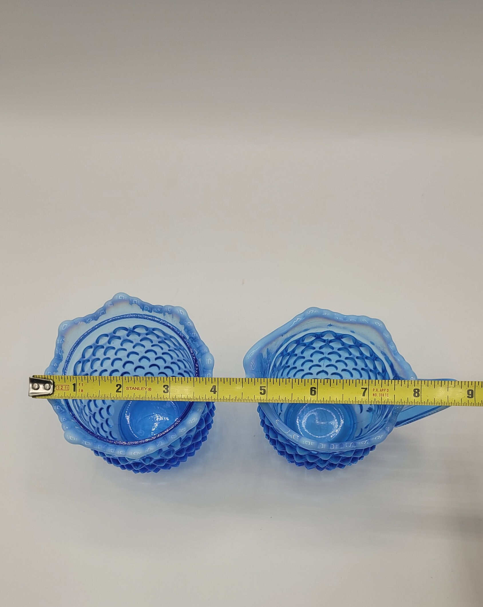 ビンテージ　フェントン　ブルーオパール シュガー＆クリーマー　デプレッション Vintage Fenton Blue Opalescent Hobnail Glass Creamer and