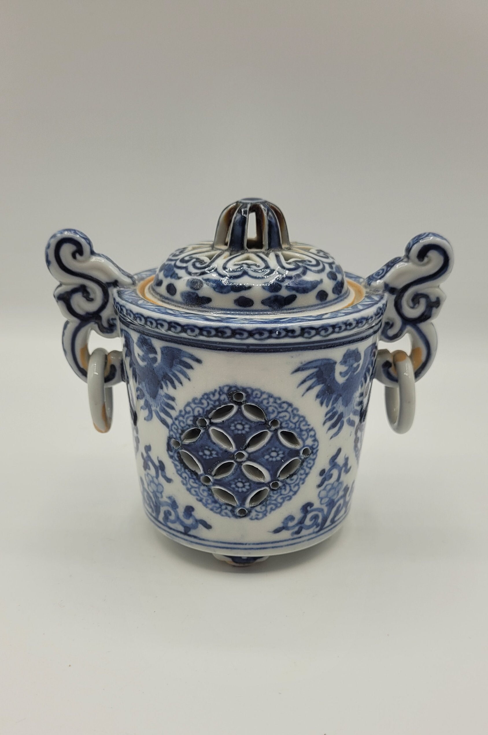 九谷焼 福香炉 手描き 青白二重壁 鳳凰花文様 - Etsy 日本