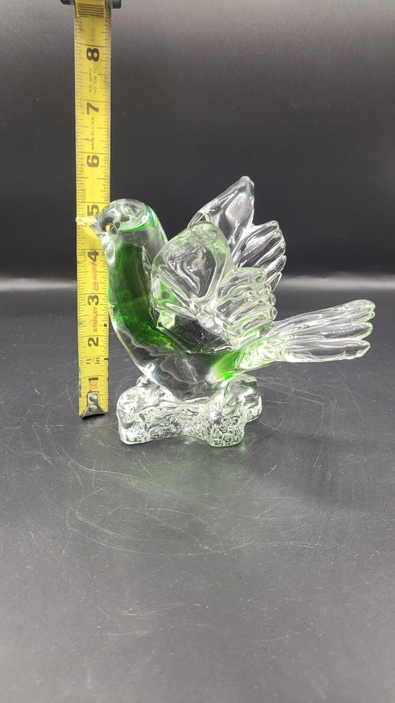 ヴィンテージ ムラーノガラス 鳥の置物 彫刻 鮮やかな緑色 透明な台座
