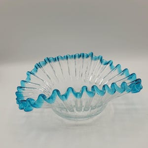 Vintage Hand Blown Blenko Clear Crackle Glass Bowl Aqua Blue Crimped Rim Flared Fan Top Round Base Oblong Shape