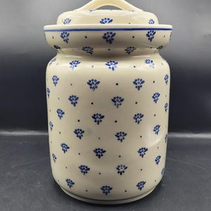 Puede incluir: Un tarro de cerámica color crema con tapa, adornado con un patrón repetitivo de diseños florales azules y pequeños puntos negros. El tarro tiene un asa en la tapa, ideal para el almacenamiento en la cocina.