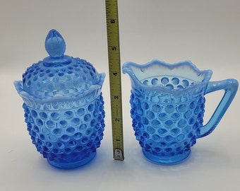 ビンテージ　フェントン　ブルーオパール シュガー＆クリーマー　デプレッション Vintage Fenton Blue Opalescent Hobnail Glass Creamer and