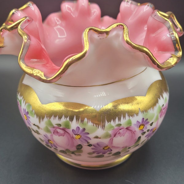 Fenton Glass Rose Bowl Vase Charleton Pattern Hand Painted Peach Crest Melon Ruffled Edge Gold Pink
