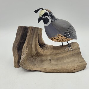 Vintage Hand Carved Wooden Quail Sculpture on Burl Wood Hand Painted Marked 1975 Grey Bird Figure