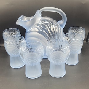 Vintage Cambridge Caprice Blue Alpine Glass Tilt Pitcher 6 Tumblers Drinking Glasses Moonlight Ice Blue Satin Glass Mid Century 1950&#39;s