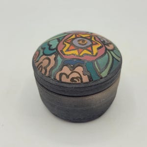 Vintage Raku Fired Round Ceramic Pottery Trinket Box Colorful Hand Painted Flowers Sun Signed KW Black Pink Green Yellow Lidded