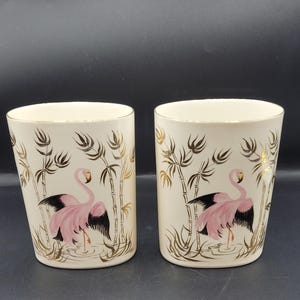 Claire Lerner Hand Painted Fine Porcelain Flamingo Vases Pair Oval Gold Detail California Ceramics Pink Flamingos Palm Leaves Rare Retro