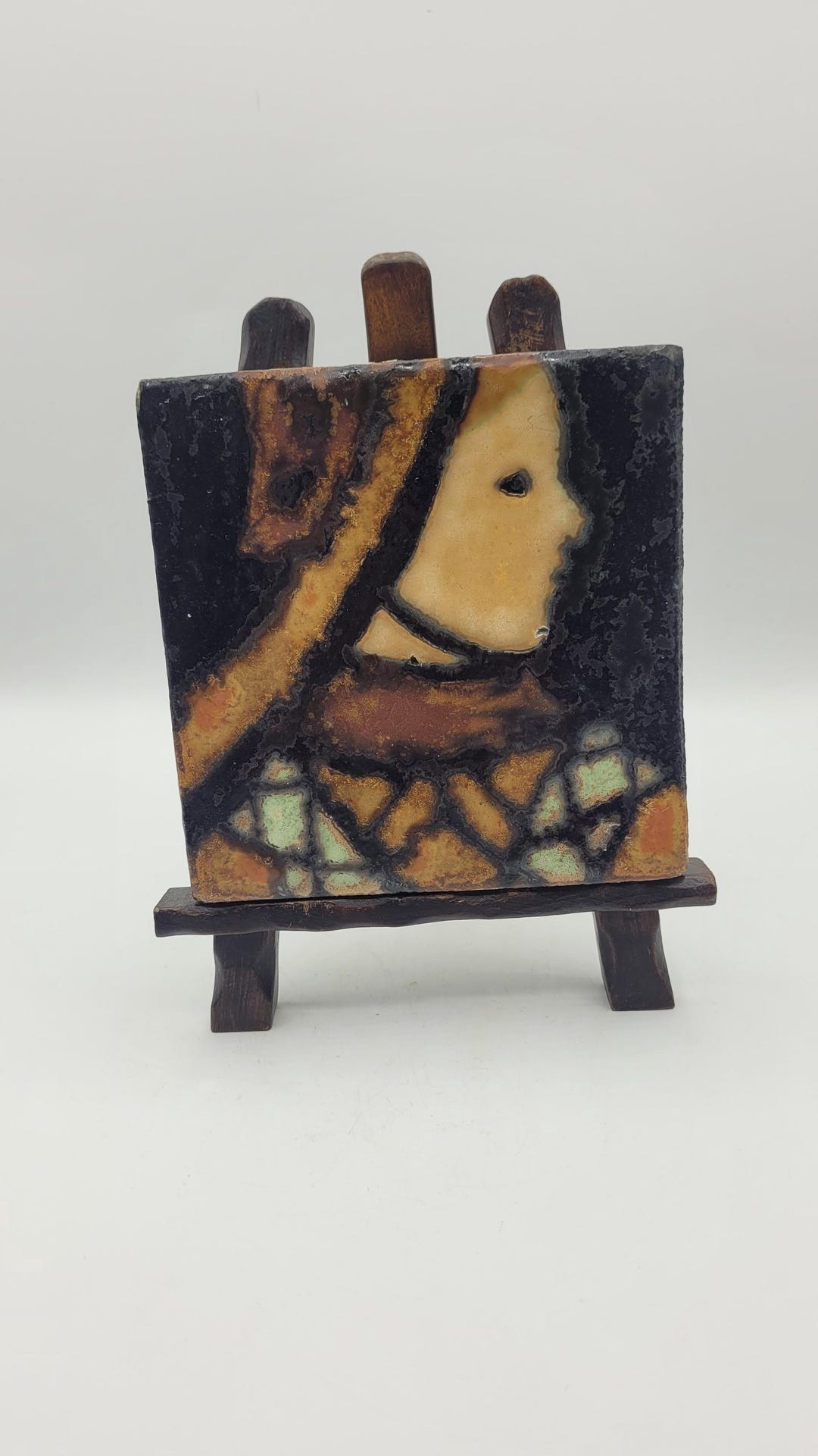 Ceramic Art Tile Plaque With Wooden Stand Lady Profile Religious Hand ...