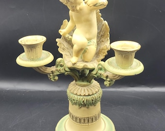 Vintage Dav Arat NY Spelter Metal Cherub Angel Three Arm Candelabra Painted French Revival White Green