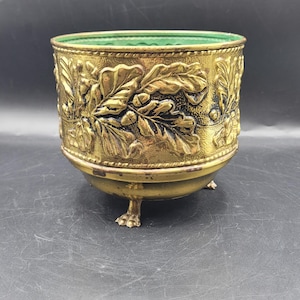 Vintage English Embossed Leaves Acorn Brass Claw Foot Planter Green Inside
