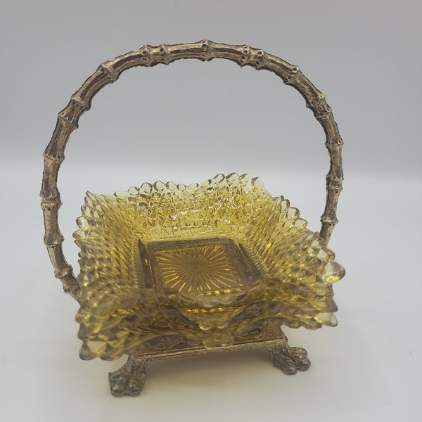 Vintage Gold Bamboo Caddie Carrier with Three Amber Dishes Ashtrays Candy Nut Dish MCM Footed