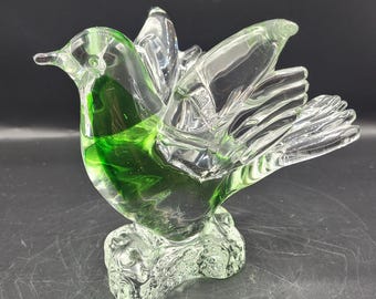 ヴィンテージ ムラーノガラス 鳥の置物 彫刻 鮮やかな緑色 透明な台座