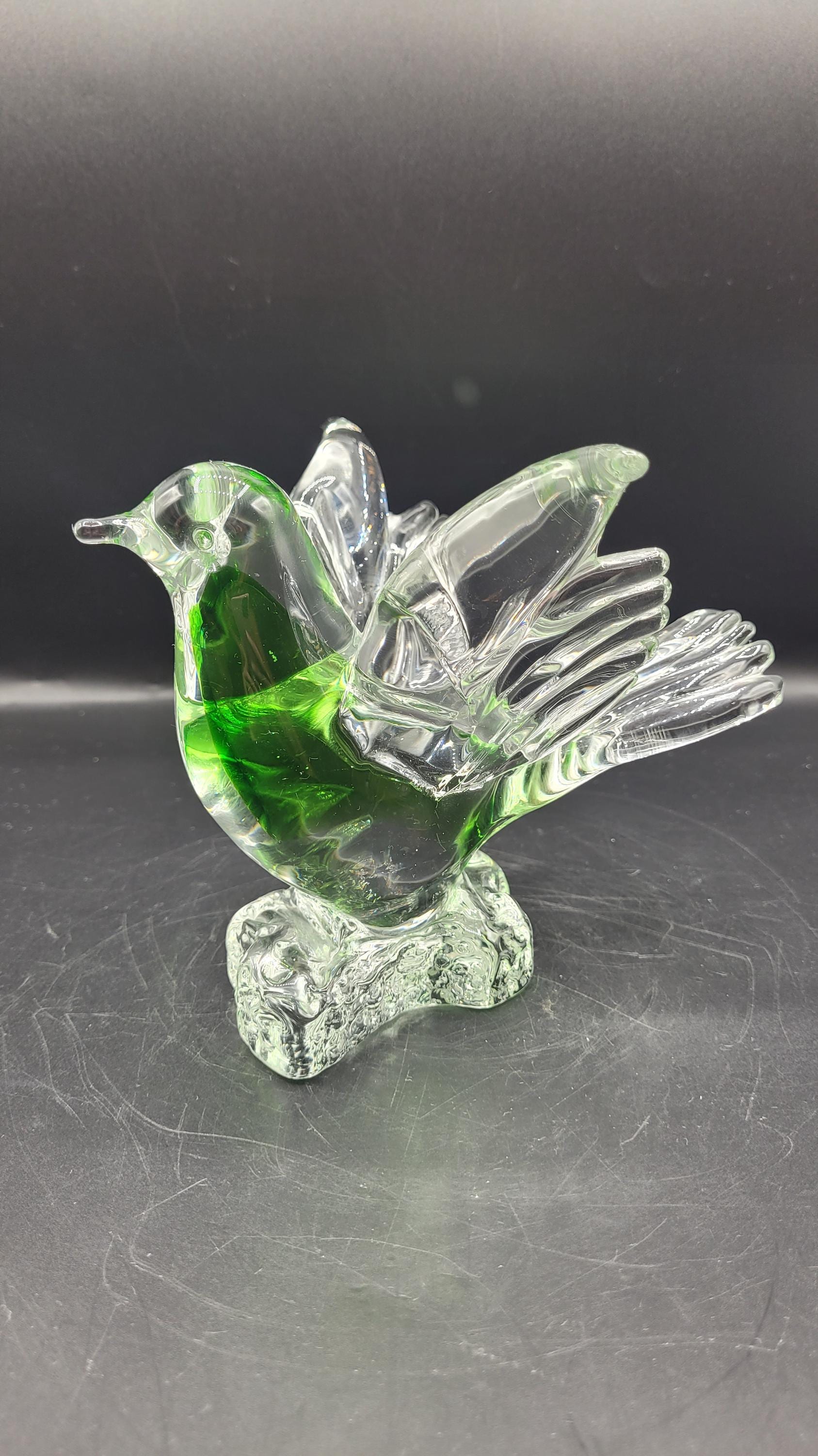 ヴィンテージ ムラーノガラス 鳥の置物 彫刻 明るいグリーン 透明台座