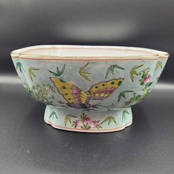 Neiman Marcus Porcelain Hand Painted Bowl 10" Hong Kong Aqua Butterfly