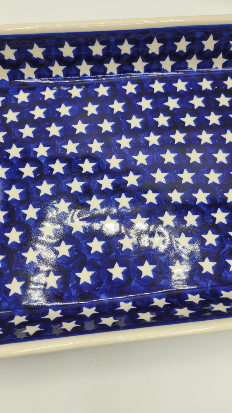 Boleslawiec Pools aardewerk blauw witte sterren rechthoekige ovenschaal van steengoed afbeelding 7
